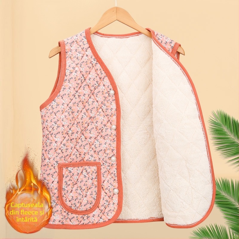 Vesta florală din poliester, pentru femei de vârstă mijlocie și în vârstă; exterior în stil cardigan; exterior 70–80% poliester, interior 50–70% poliester; lungime 50–65 cm; textură embossată; stil japonez/coreean lejer