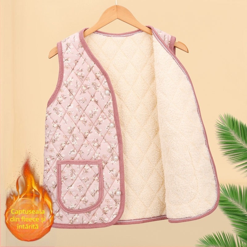 Vesta florală din poliester, pentru femei de vârstă mijlocie și în vârstă; exterior în stil cardigan; exterior 70–80% poliester, interior 50–70% poliester; lungime 50–65 cm; textură embossată; stil japonez/coreean lejer