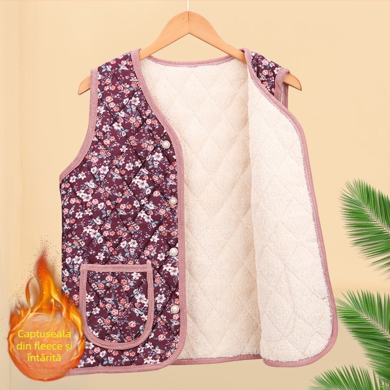 Vesta florală din poliester, pentru femei de vârstă mijlocie și în vârstă; exterior în stil cardigan; exterior 70–80% poliester, interior 50–70% poliester; lungime 50–65 cm; textură embossată; stil japonez/coreean lejer