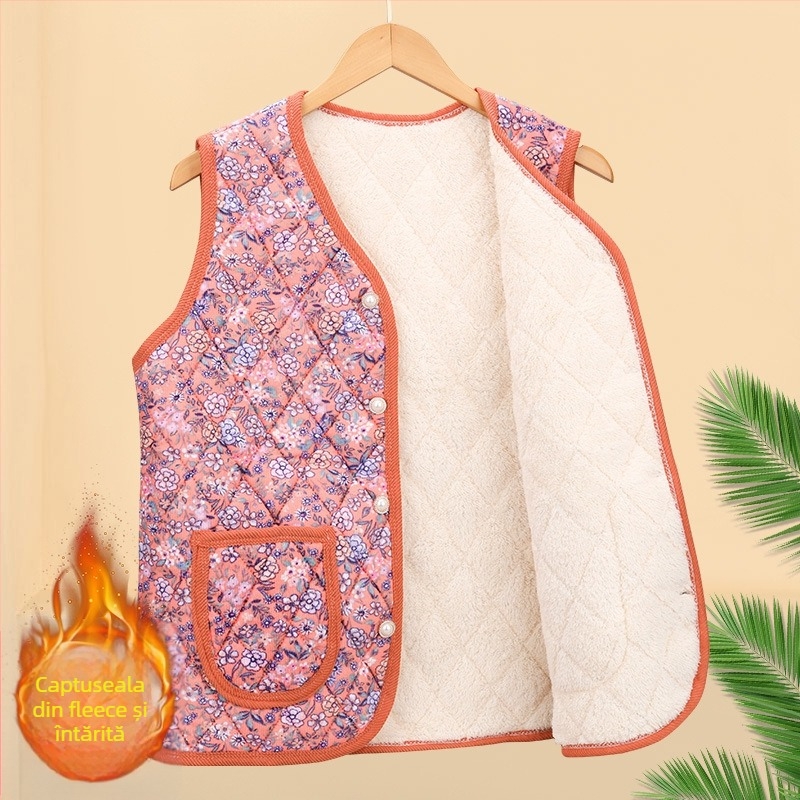 Vesta florală din poliester, pentru femei de vârstă mijlocie și în vârstă; exterior în stil cardigan; exterior 70–80% poliester, interior 50–70% poliester; lungime 50–65 cm; textură embossată; stil japonez/coreean lejer