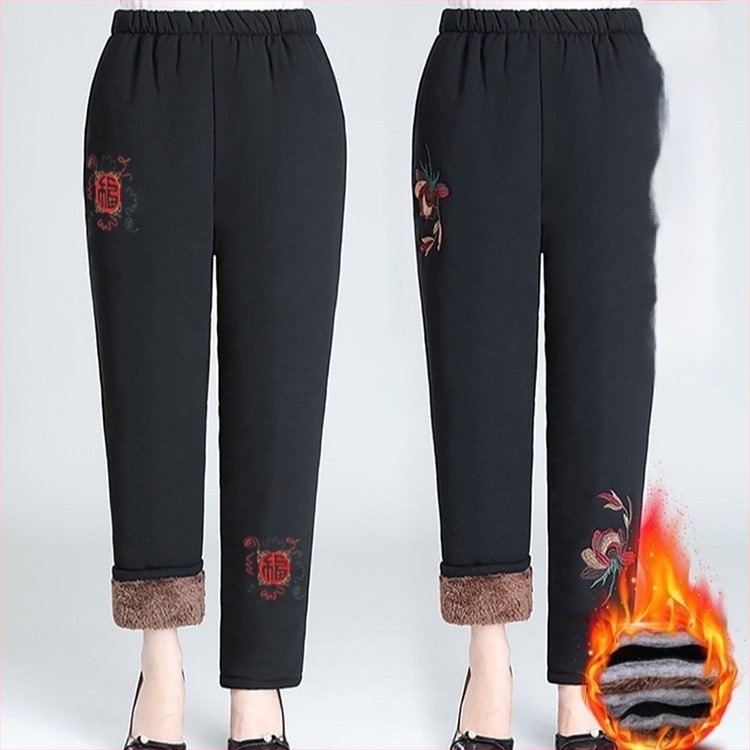 Pantaloni de iarnă pentru femei, căptușiți cu fleece, croială lejeră, lungi, țesătură din bumbac-poliester, foarte groși