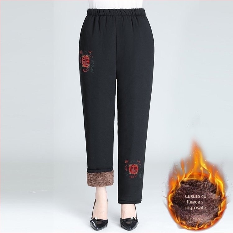 Pantaloni de iarnă pentru femei, căptușiți cu fleece, croială lejeră, lungi, țesătură din bumbac-poliester, foarte groși