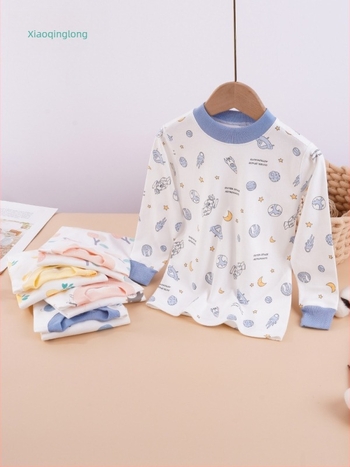 Set de lenjerie termică din bumbac pentru copii, unisex, guler mediu, fără glugă, 100% bumbac, ușor pentru primăvară și toamna