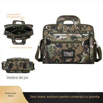 Geantă de umăr pentru laptop, model camuflaj, material Oxford rezistent, căptușeală poliester, organizare în mai multe compartimente, potrivită pentru călătorii de afaceri