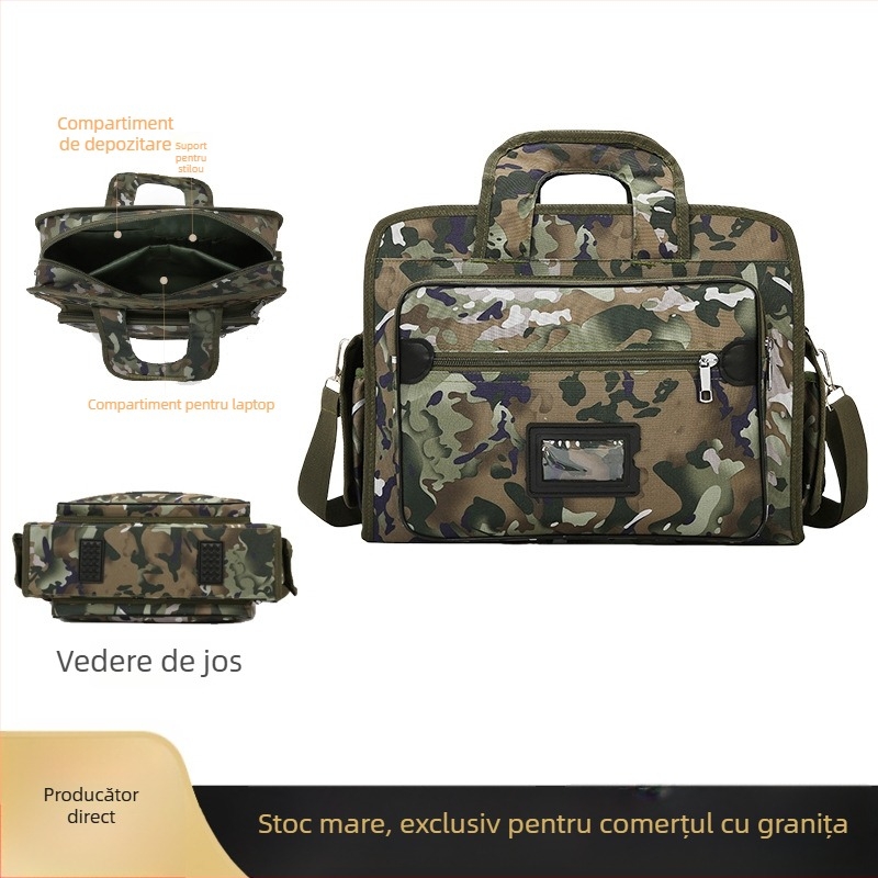Geantă de umăr pentru laptop, model camuflaj, material Oxford rezistent, căptușeală poliester, organizare în mai multe compartimente, potrivită pentru călătorii de afaceri