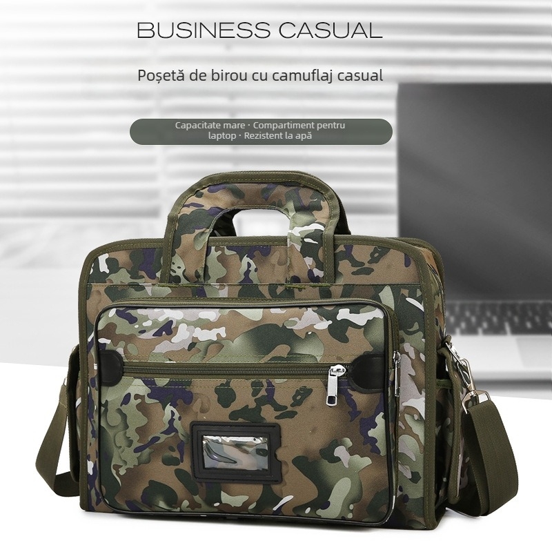 Geantă de umăr pentru laptop, model camuflaj, material Oxford rezistent, căptușeală poliester, organizare în mai multe compartimente, potrivită pentru călătorii de afaceri