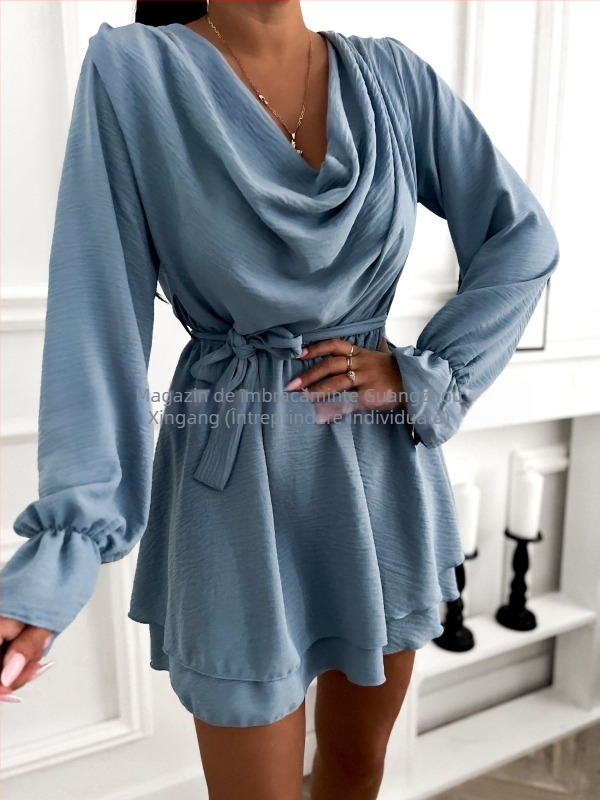 Rochie cu decolteu în V, mâneci tip felinar, talie înaltă, croială A-line, poliester stretch