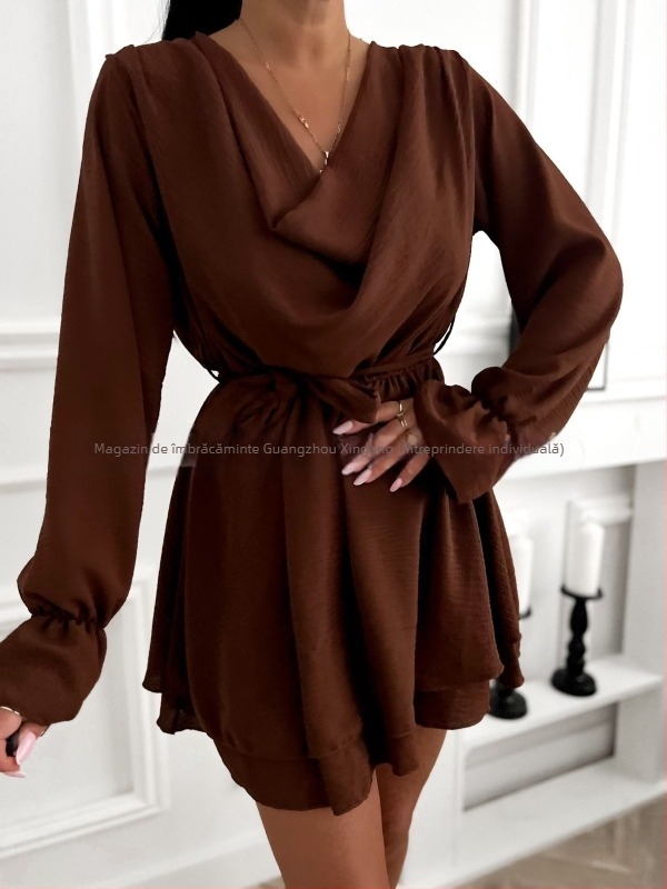 Rochie cu decolteu în V, mâneci tip felinar, talie înaltă, croială A-line, poliester stretch