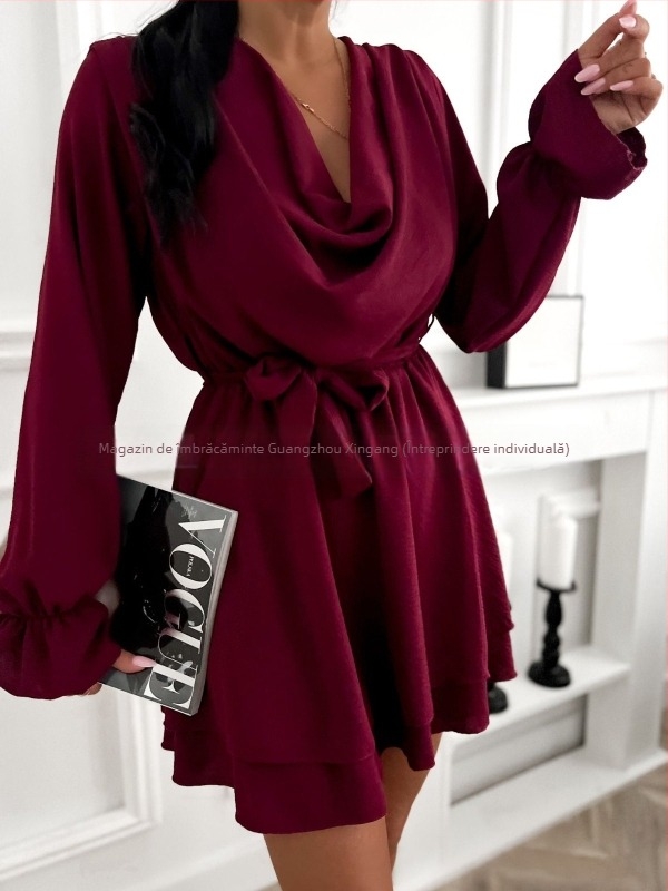 Rochie cu decolteu în V, mâneci tip felinar, talie înaltă, croială A-line, poliester stretch