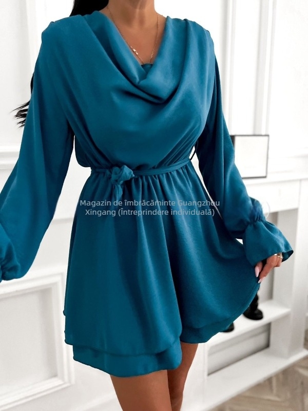 Rochie cu decolteu în V, mâneci tip felinar, talie înaltă, croială A-line, poliester stretch