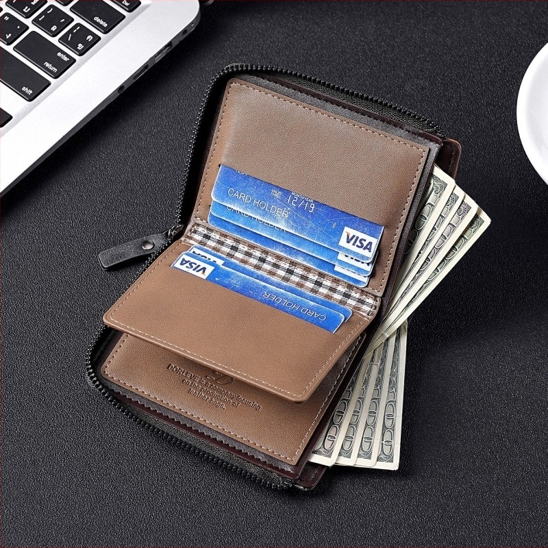 Portofel scurt din piele PU, finisaj oil-wax, 2 plieri, stil retro european-american, ultraușor, anti-magnetic, extensibil, multiple sloturi pentru carduri