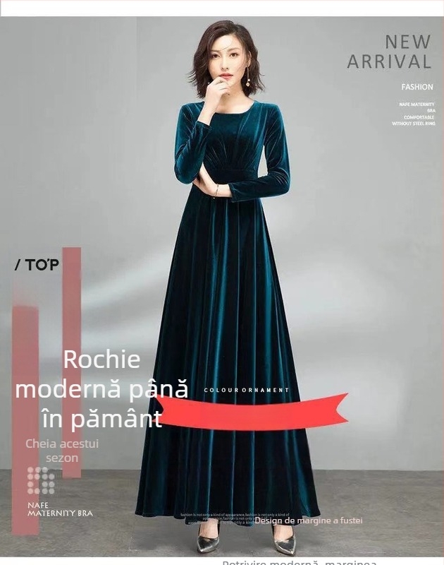 Rochie din velur cu mâneci lungi, talie care subțiază silueta, lungime midi, stil retro, material poliester stretch (70-80% poliester) - toamnă 2025