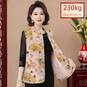 Vestă pentru mame de vârstă mijlocie și mai în vârstă, stil retro chinezesc, jacquard floral, poliester peste 95%, lungime 65–80 cm, lansare toamnă 2025