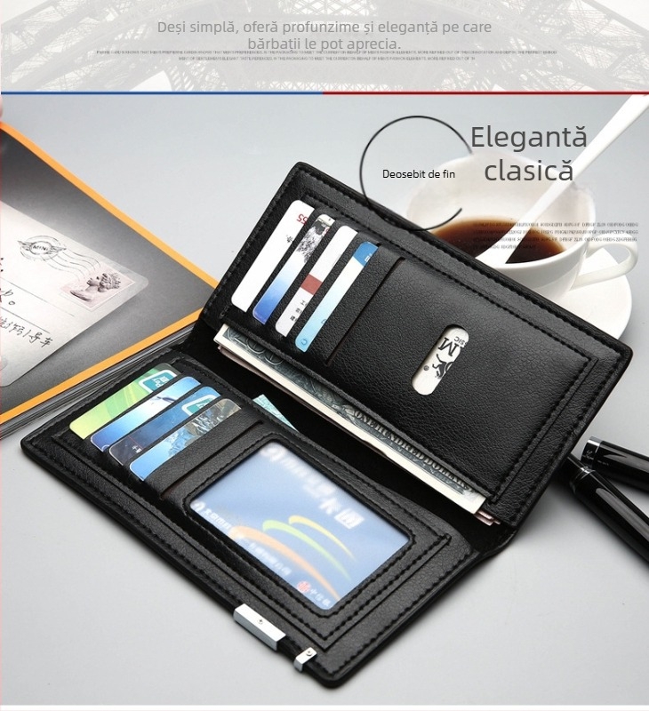 Portofel masculin lung cu imprimare a logo-ului - Material PU, stil urban minimalist, impermeabil și rezistent la uzură, pentru utilizare zilnică