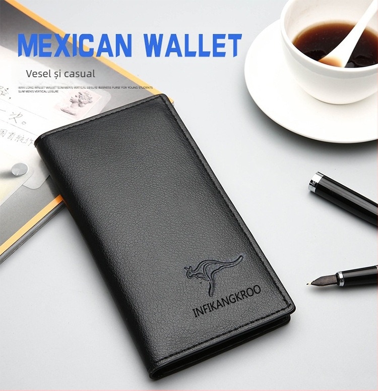 Portofel masculin lung cu imprimare a logo-ului - Material PU, stil urban minimalist, impermeabil și rezistent la uzură, pentru utilizare zilnică