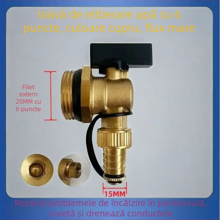 Valvă de drenaj pentru distribuția încălzirii prin podea, flux mare, cupru, conectare filetata, temperatură de funcționare 0–100 °C, apă