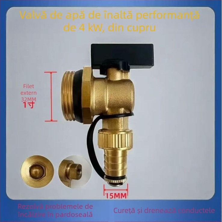 Valvă de drenaj pentru distribuția încălzirii prin podea, flux mare, cupru, conectare filetata, temperatură de funcționare 0–100 °C, apă