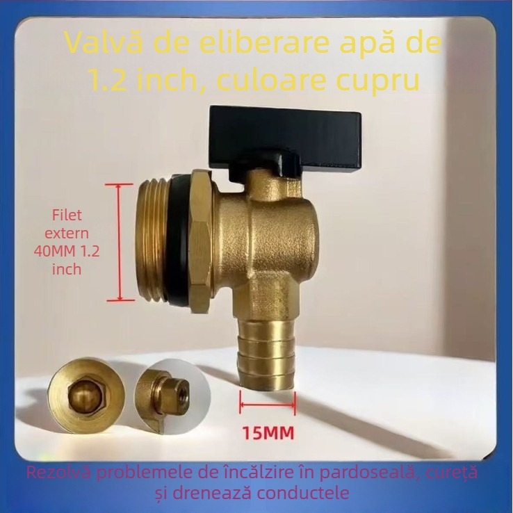 Valvă de drenaj pentru distribuția încălzirii prin podea, flux mare, cupru, conectare filetata, temperatură de funcționare 0–100 °C, apă
