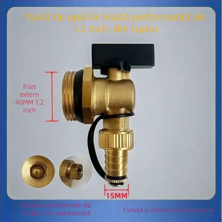 Valvă de drenaj pentru distribuția încălzirii prin podea, flux mare, cupru, conectare filetata, temperatură de funcționare 0–100 °C, apă