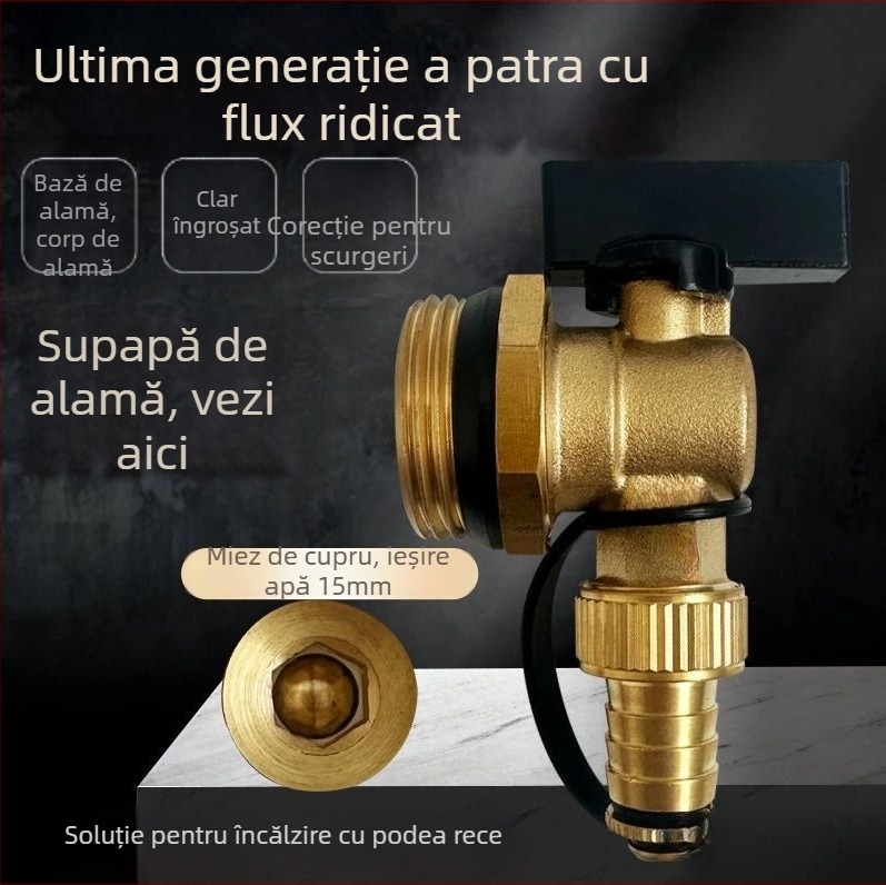Valvă de drenaj pentru distribuția încălzirii prin podea, flux mare, cupru, conectare filetata, temperatură de funcționare 0–100 °C, apă