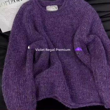 Pulover tricotat gros din amestec lână-acril, cu glugă, guler rotund, croială lejeră — Iarna 2024