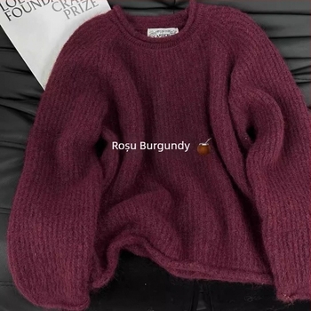 Pulover tricotat gros din amestec lână-acril, cu glugă, guler rotund, croială lejeră — Iarna 2024