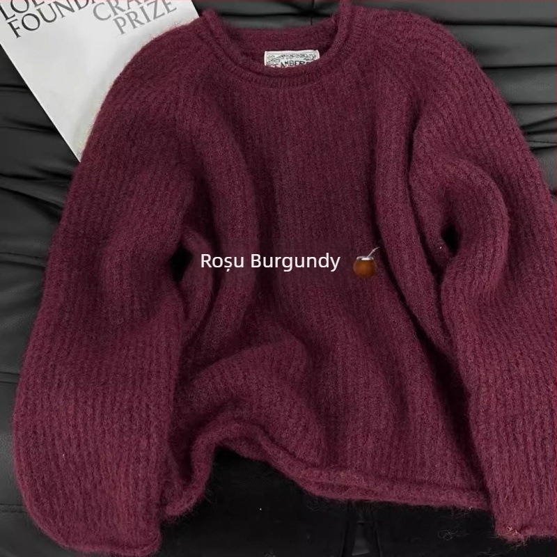 Pulover tricotat gros din amestec lână-acril, cu glugă, guler rotund, croială lejeră — Iarna 2024