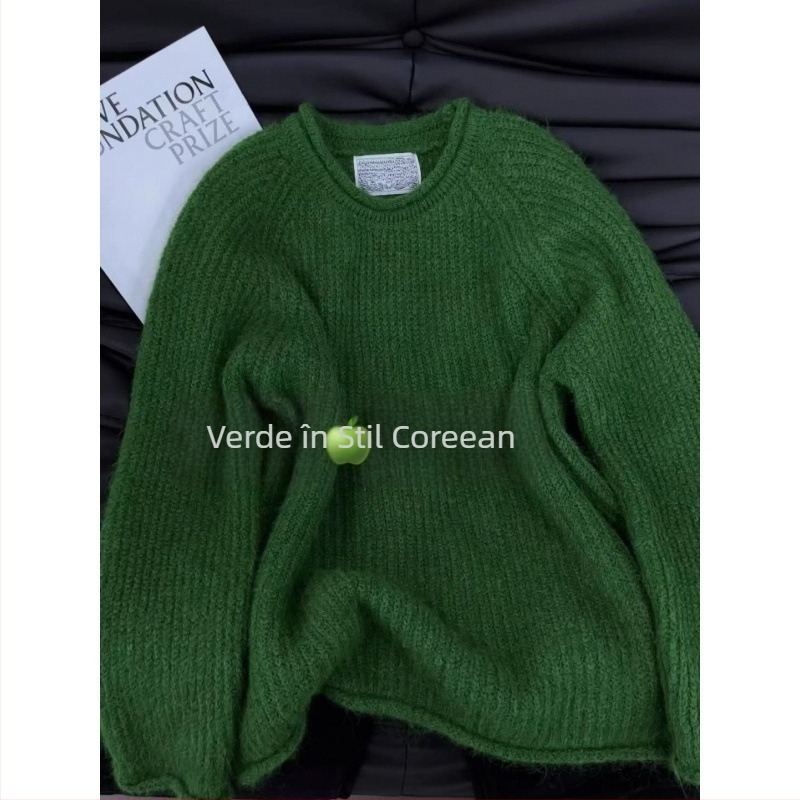 Pulover tricotat gros din amestec lână-acril, cu glugă, guler rotund, croială lejeră — Iarna 2024