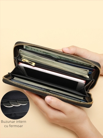 Portofel-clutch pentru bărbați din piele naturală, model crocodil, fermoar lung, interior din piele de vițel prim-strat și căptușeală poliester-coton, rezistent la abraziune, capacitate extensibilă