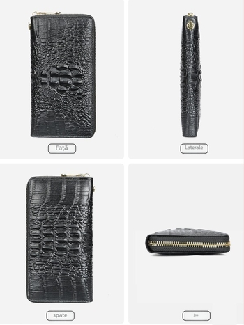 Portofel-clutch pentru bărbați din piele naturală, model crocodil, fermoar lung, interior din piele de vițel prim-strat și căptușeală poliester-coton, rezistent la abraziune, capacitate extensibilă
