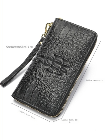 Portofel-clutch pentru bărbați din piele naturală, model crocodil, fermoar lung, interior din piele de vițel prim-strat și căptușeală poliester-coton, rezistent la abraziune, capacitate extensibilă