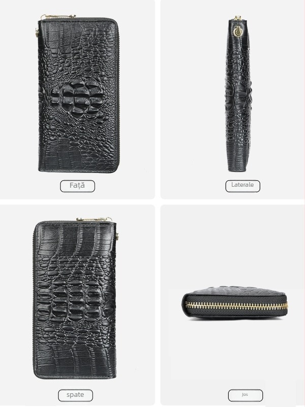 Portofel-clutch pentru bărbați din piele naturală, model crocodil, fermoar lung, interior din piele de vițel prim-strat și căptușeală poliester-coton, rezistent la abraziune, capacitate extensibilă