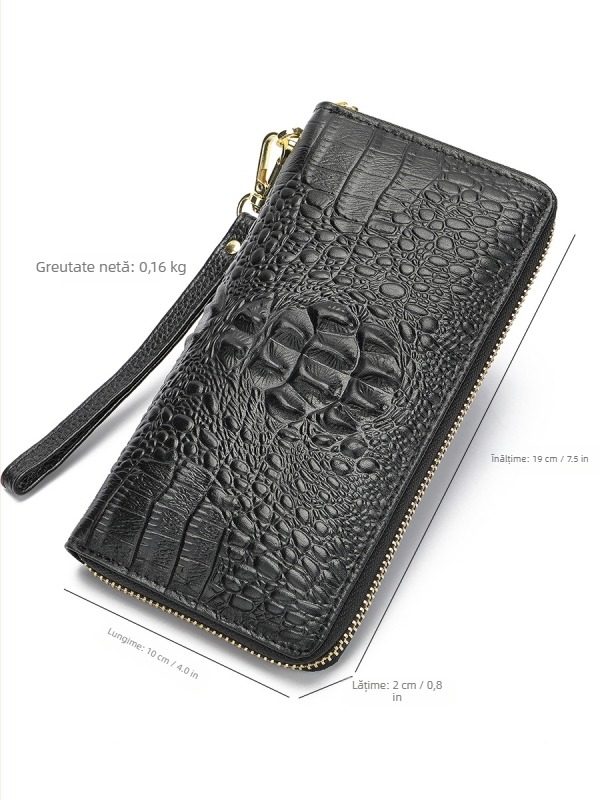 Portofel-clutch pentru bărbați din piele naturală, model crocodil, fermoar lung, interior din piele de vițel prim-strat și căptușeală poliester-coton, rezistent la abraziune, capacitate extensibilă