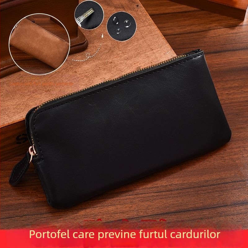 Portofel bărbăteasc retro, lung, textură PU, culoare uni, geantă ultra-subțire pentru telefon cu fermoar, căptușeală din piele sintetică