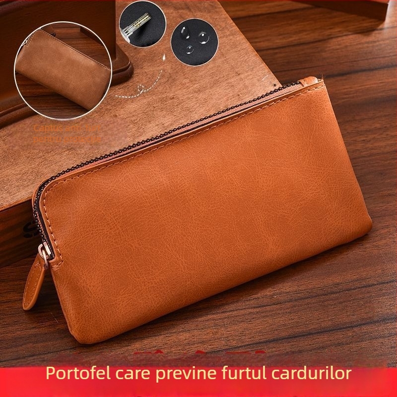 Portofel bărbăteasc retro, lung, textură PU, culoare uni, geantă ultra-subțire pentru telefon cu fermoar, căptușeală din piele sintetică