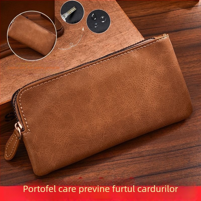 Portofel bărbăteasc retro, lung, textură PU, culoare uni, geantă ultra-subțire pentru telefon cu fermoar, căptușeală din piele sintetică