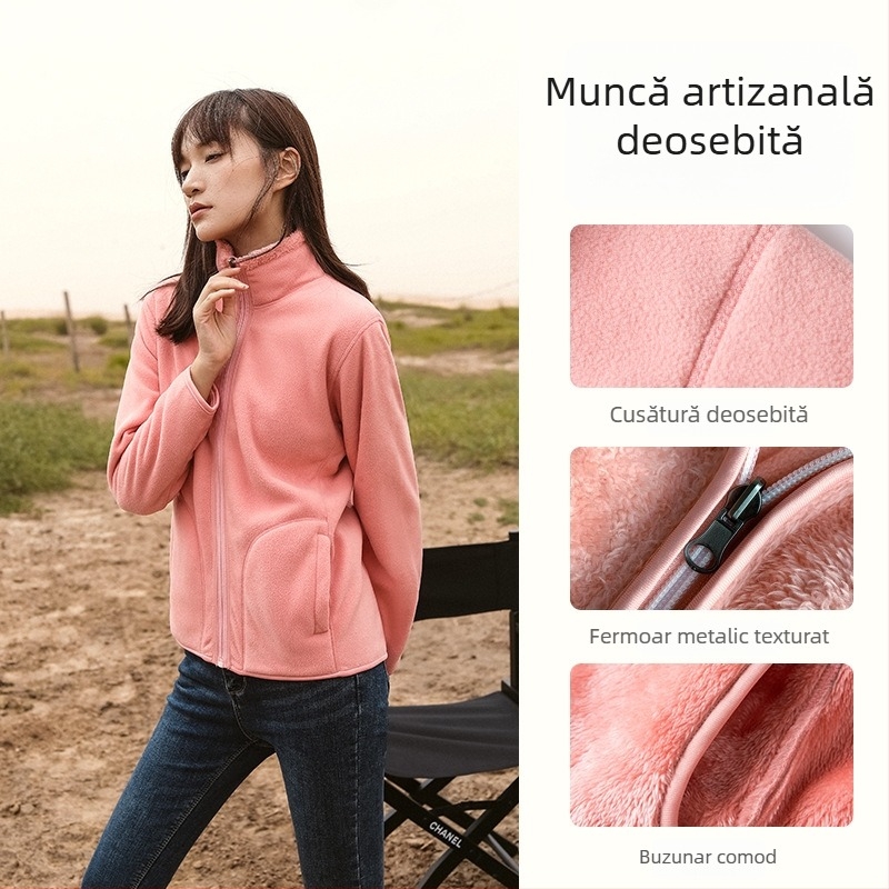 Geacă reversibilă din polar fleece, unisex, stil cardigan, 100% cașmir, căptușeală polar, culoare uni