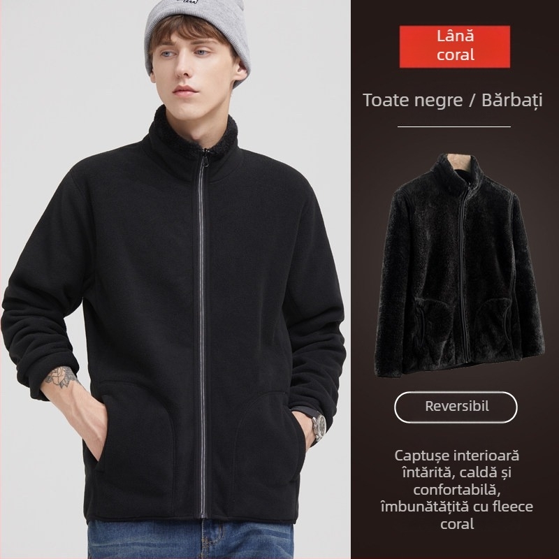 Geacă reversibilă din polar fleece, unisex, stil cardigan, 100% cașmir, căptușeală polar, culoare uni