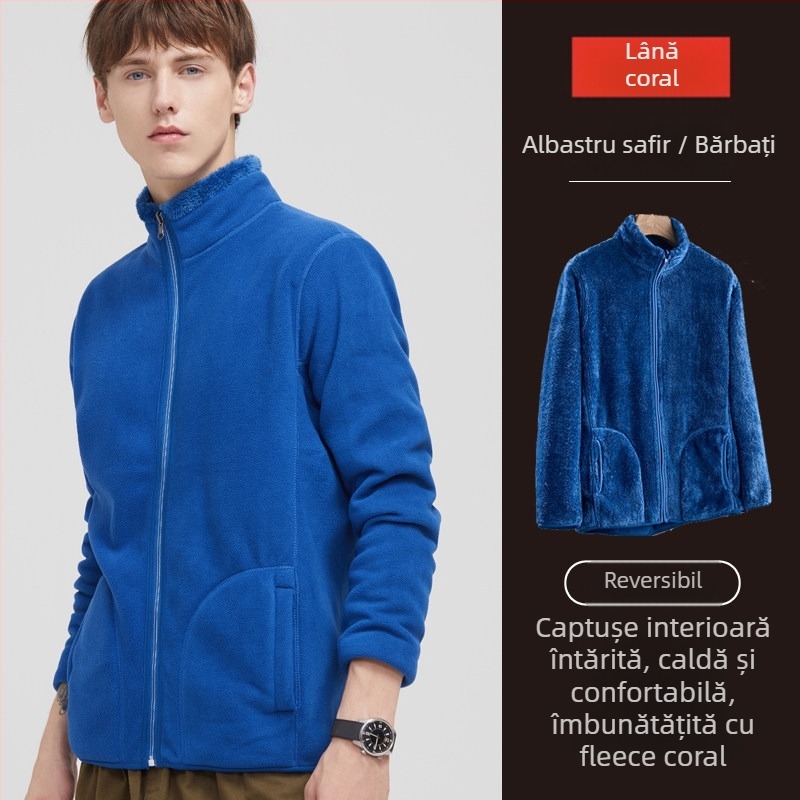 Geacă reversibilă din polar fleece, unisex, stil cardigan, 100% cașmir, căptușeală polar, culoare uni