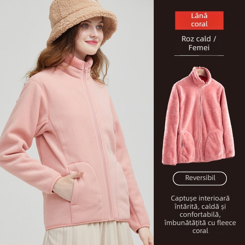 Geacă reversibilă din polar fleece, unisex, stil cardigan, 100% cașmir, căptușeală polar, culoare uni
