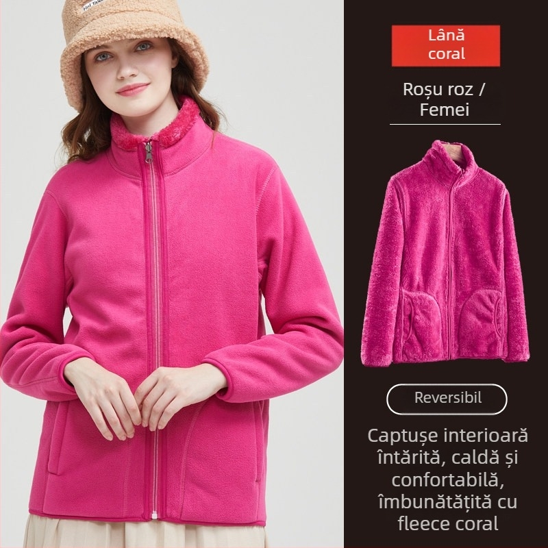 Geacă reversibilă din polar fleece, unisex, stil cardigan, 100% cașmir, căptușeală polar, culoare uni