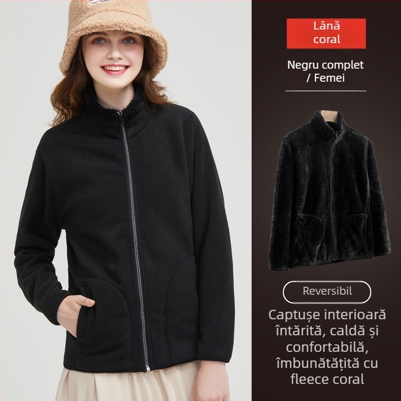 Geacă reversibilă din polar fleece, unisex, stil cardigan, 100% cașmir, căptușeală polar, culoare uni