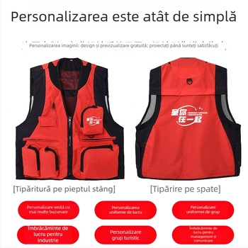 Vesta exterioară cu buzunare multiple, impermeabilă, cu logo, fermoar, fără glugă, croială lejeră