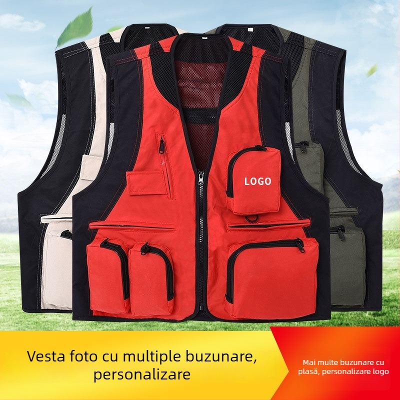 Vesta exterioară cu buzunare multiple, impermeabilă, cu logo, fermoar, fără glugă, croială lejeră
