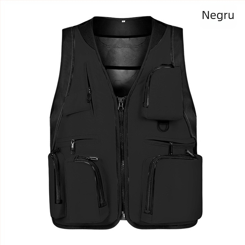 Vesta exterioară cu buzunare multiple, impermeabilă, cu logo, fermoar, fără glugă, croială lejeră