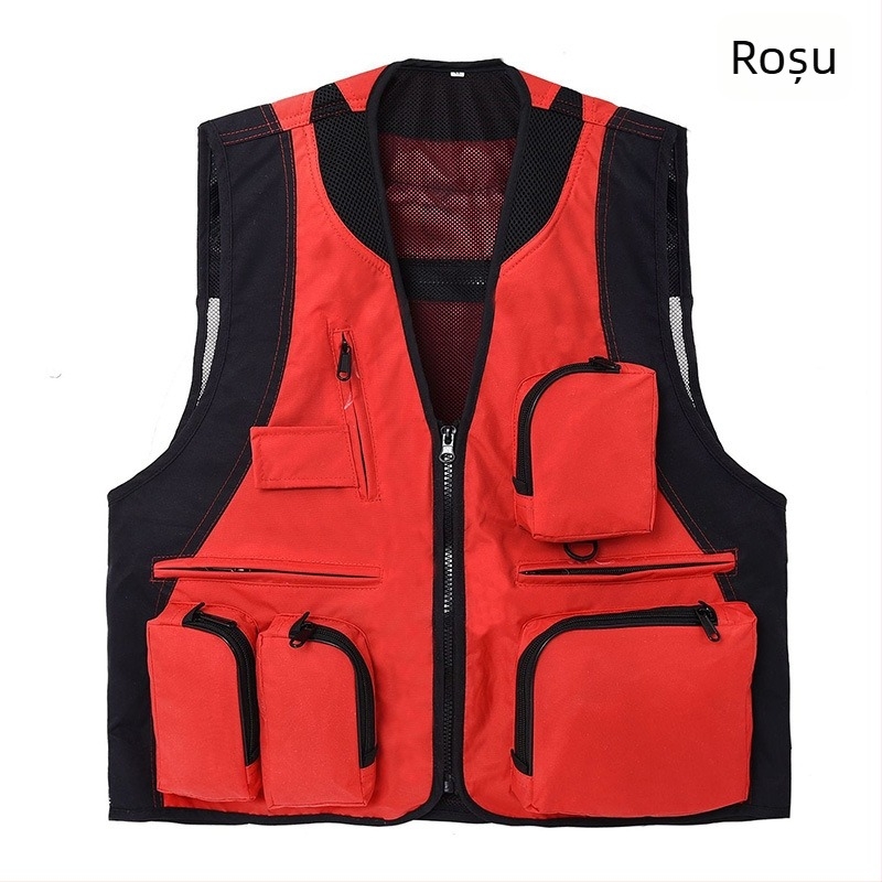 Vesta exterioară cu buzunare multiple, impermeabilă, cu logo, fermoar, fără glugă, croială lejeră