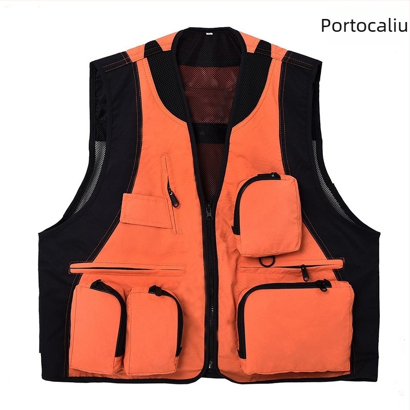 Vesta exterioară cu buzunare multiple, impermeabilă, cu logo, fermoar, fără glugă, croială lejeră