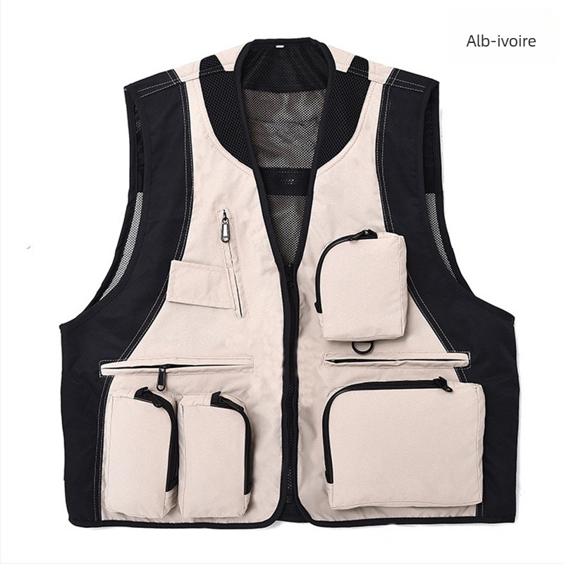 Vesta exterioară cu buzunare multiple, impermeabilă, cu logo, fermoar, fără glugă, croială lejeră