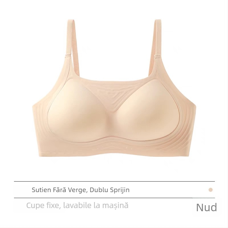 Sutien fără cusături, cupă subțire modelată, fără oțel, bretele duble fixe, închidere în spate cu trei rânduri de cârlige