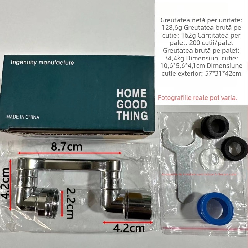 Braț mecanic de extindere pentru robinet, cap anti-strop, aerator, montaj spiral, din oțel inoxidabil și PP